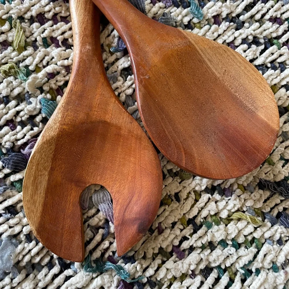 Artisan Crafted Wooden Fish Salad‎ Servers Spoon & Fork Set Unique Kitchen VTG